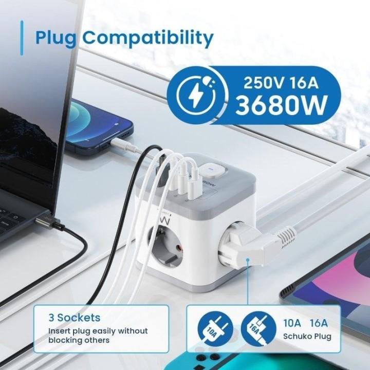 Ewent EW3863 Regleta en Bloque 3x Tomas Shucko 16A + 2x USB-A + 2x USB-C 5V/3A PD/QC 3.0 Blanca