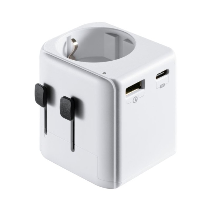 Ewent EW1472 Adaptador de Viaje Universal USA/UK/AUS/China con 1x USB-A y 1x USB-C Blanco