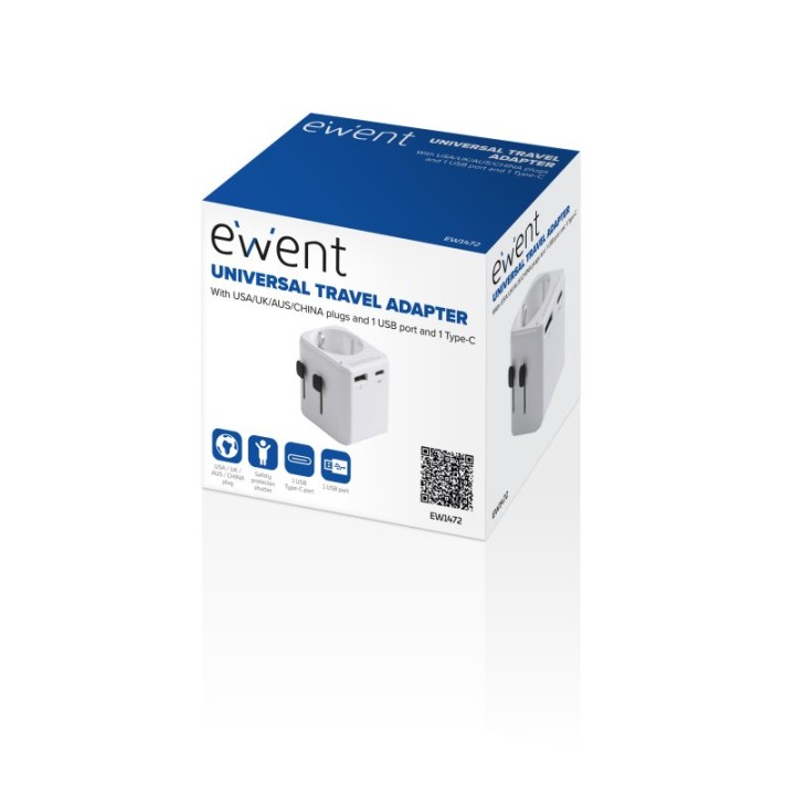 Ewent EW1472 Adaptador de Viaje Universal USA/UK/AUS/China con 1x USB-A y 1x USB-C Blanco