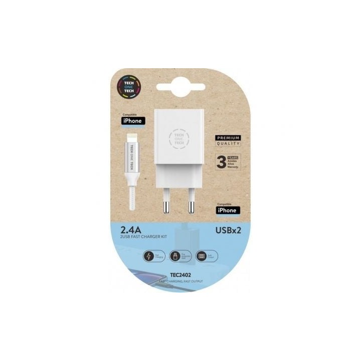 Cargador de Pared TECH ONE TECH TEC2402 2xUSB 2.4A Blanco con Cable Lightning 1m Nylon