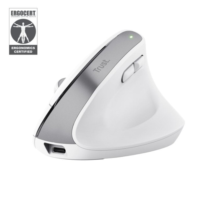 Ratón Trust inalámbrico Bayo+ 2400 DPI multidispositivo vertical recargable blanco
