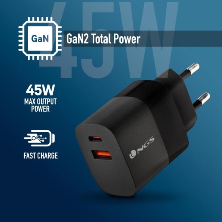 NGS BUD 45W Cargador GaN de pared ultrarrápido de 45W con 2 Puertos: USB-C + USB-A
