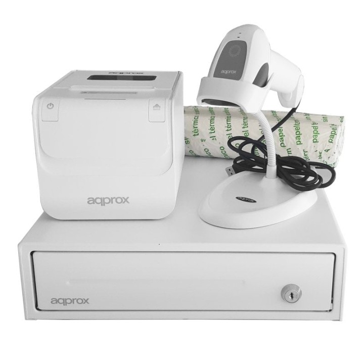 Impresora Térmica Ethernet/USB Approx appPOSPACK3380WH con cajón portamonedas, lector 1D y cortador automático