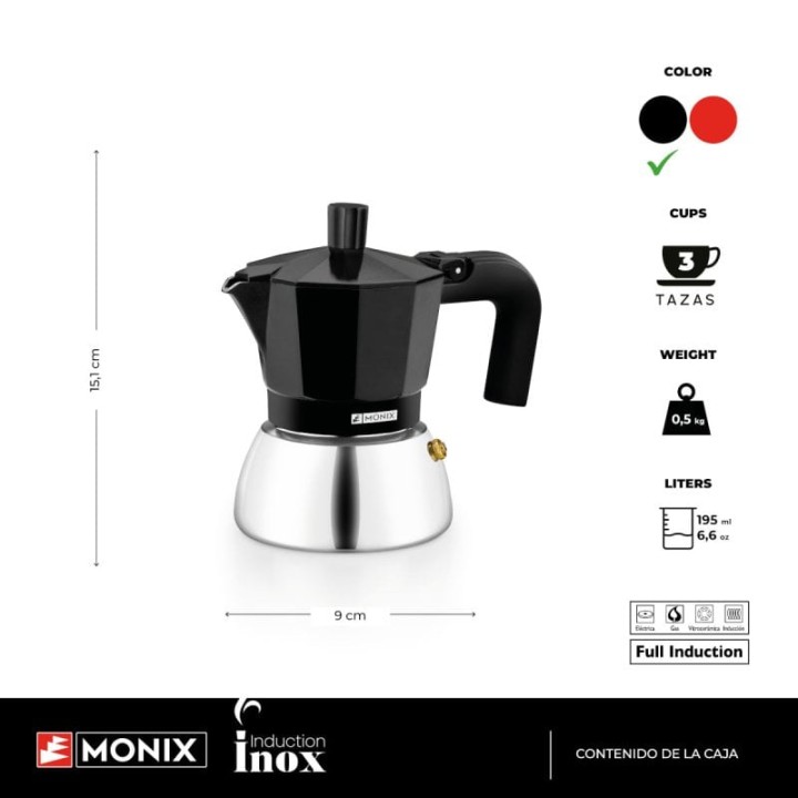 Cafetera Italiana Monix Induction Inox M863003 3 tazas 0,195L negra compatible inducción