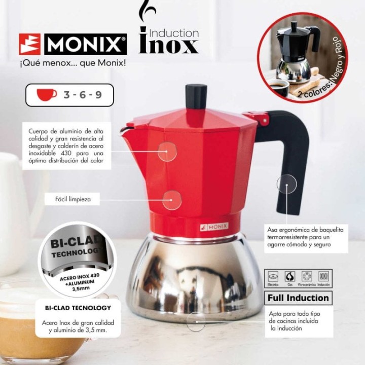 Cafetera Italiana Monix Induction Inox 3 tazas 0,195L Full Induction acero inoxidable rojo