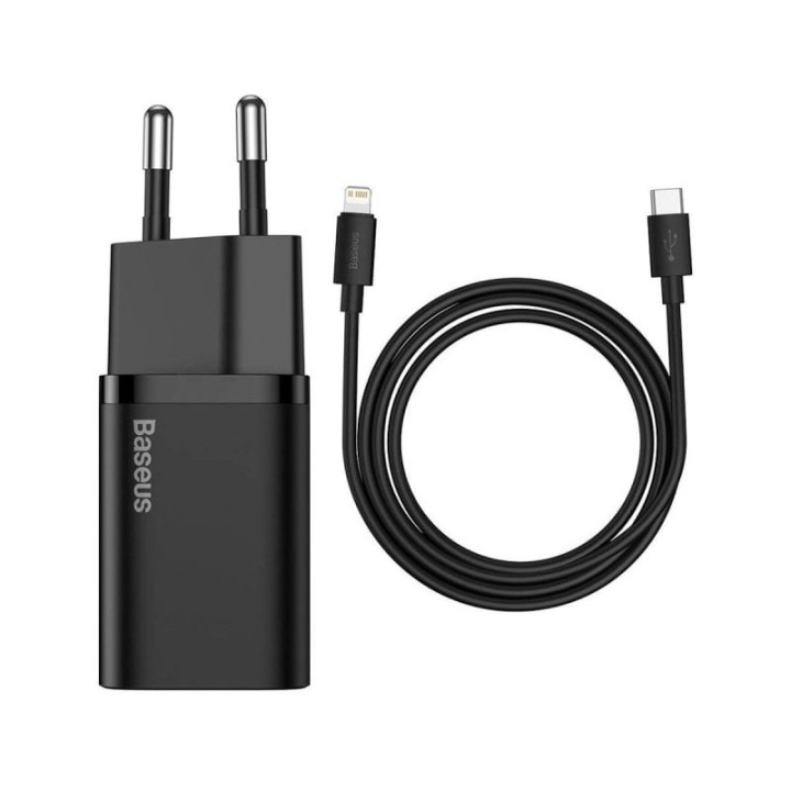 Cargador USB-C Baseus 1C Super Si 20W con carga rápida y cable Lightning 1M Negro