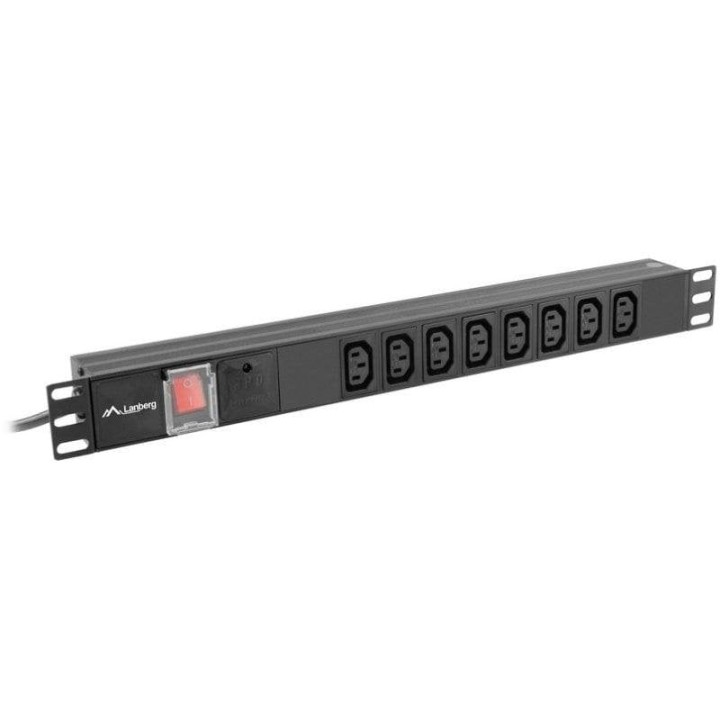 PDU Lanberg PDU-08I-0200-C20-BK 1U 8 Salidas C13 16A Protección Sobretensiones Aluminio Rack