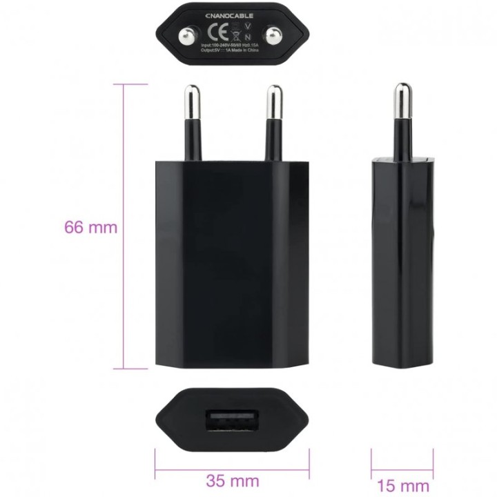 Nanocable Cargador USB 5W Negro