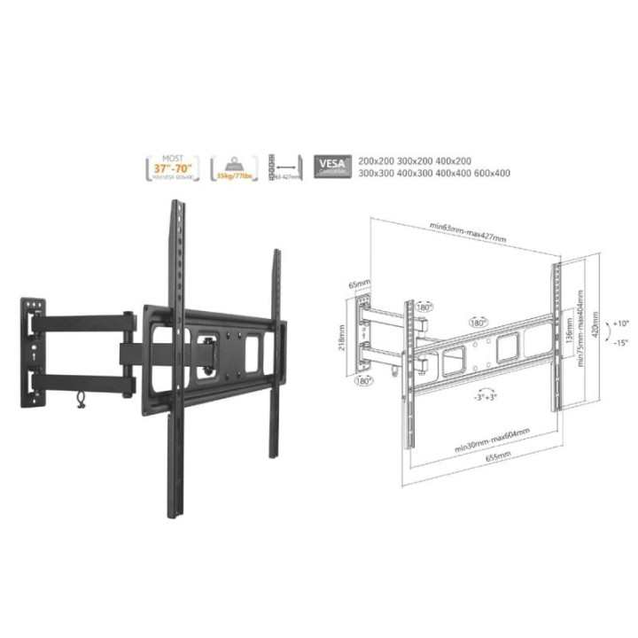 Equip Soporte de Pared para Pantalla 37"-70" de Doble Brazo Inclinable Y Giratorio VESA 600x400 Máx 35Kg