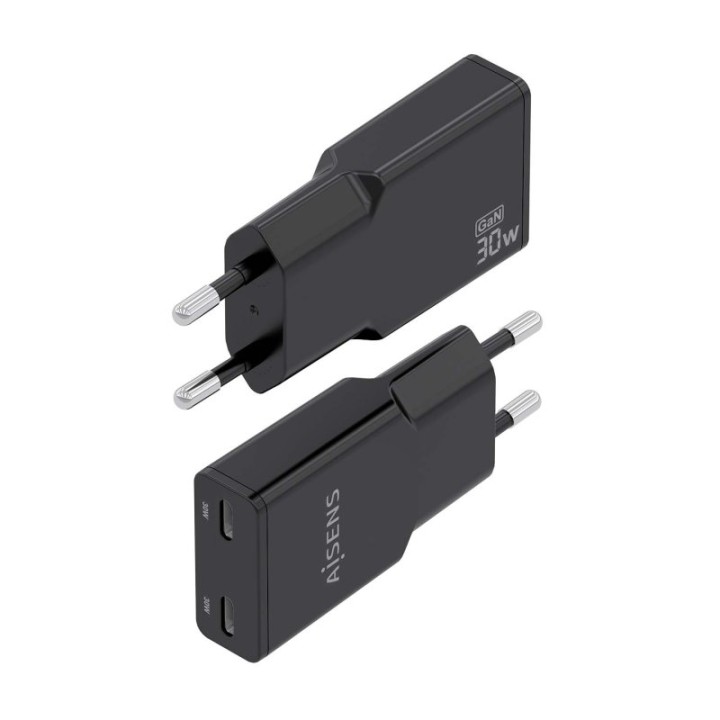 Aisens ASCH-30W2P049-BK Cargador GaN Ultra Slim 30W 2xUSB-C PD3.0 QC4.0 Negro