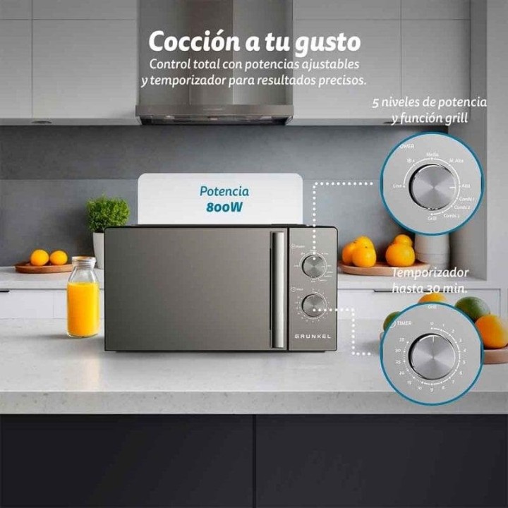Microondas Grunkel MWG-20ESPEJO 20 Litros 700W con Grill 800W y Temporizador