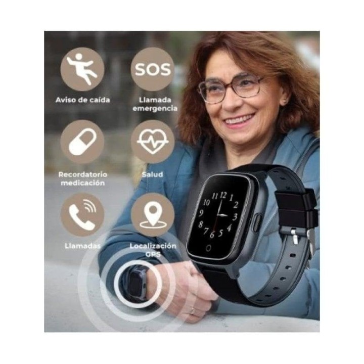 SaveFamily Senior Smartwatch Pantalla IPS 1.4" GPS Aviso de Caí­da Botón SOS Negro No Incluye SIM
