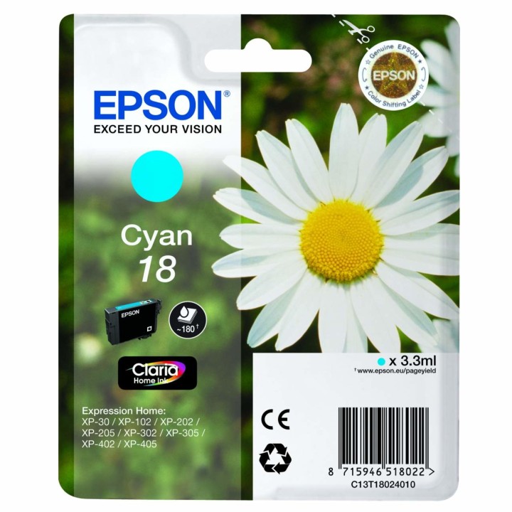 Tinta Epson 18 T1802 Cian 3.3ml 180 pág (C13T18024012)