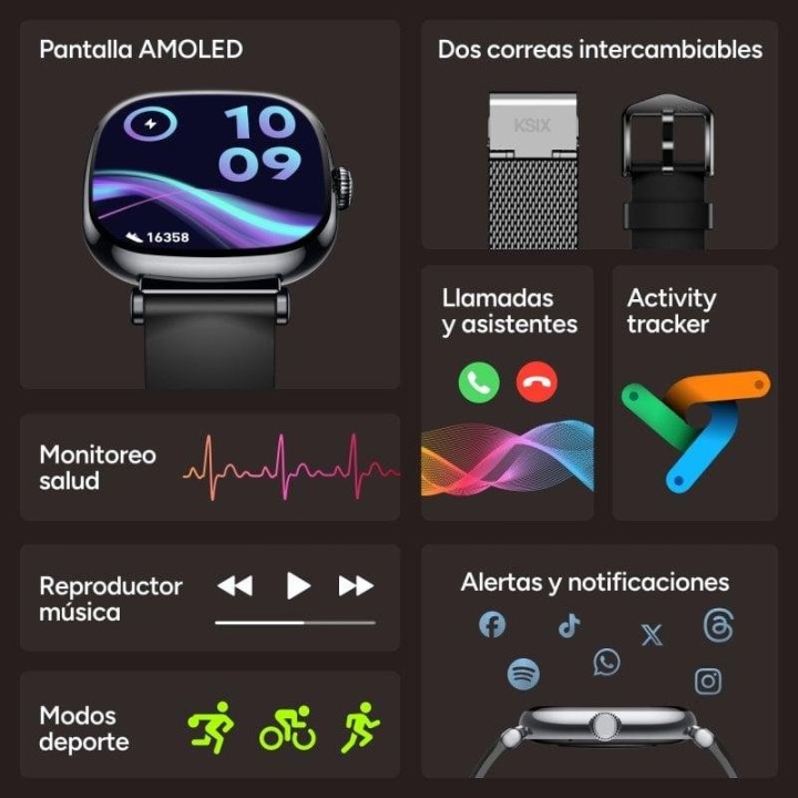 Ksix Smartwatch Iria AMOLED 1.7 2 Correas Metal y Silicona Modo Deporte y Salud Negro